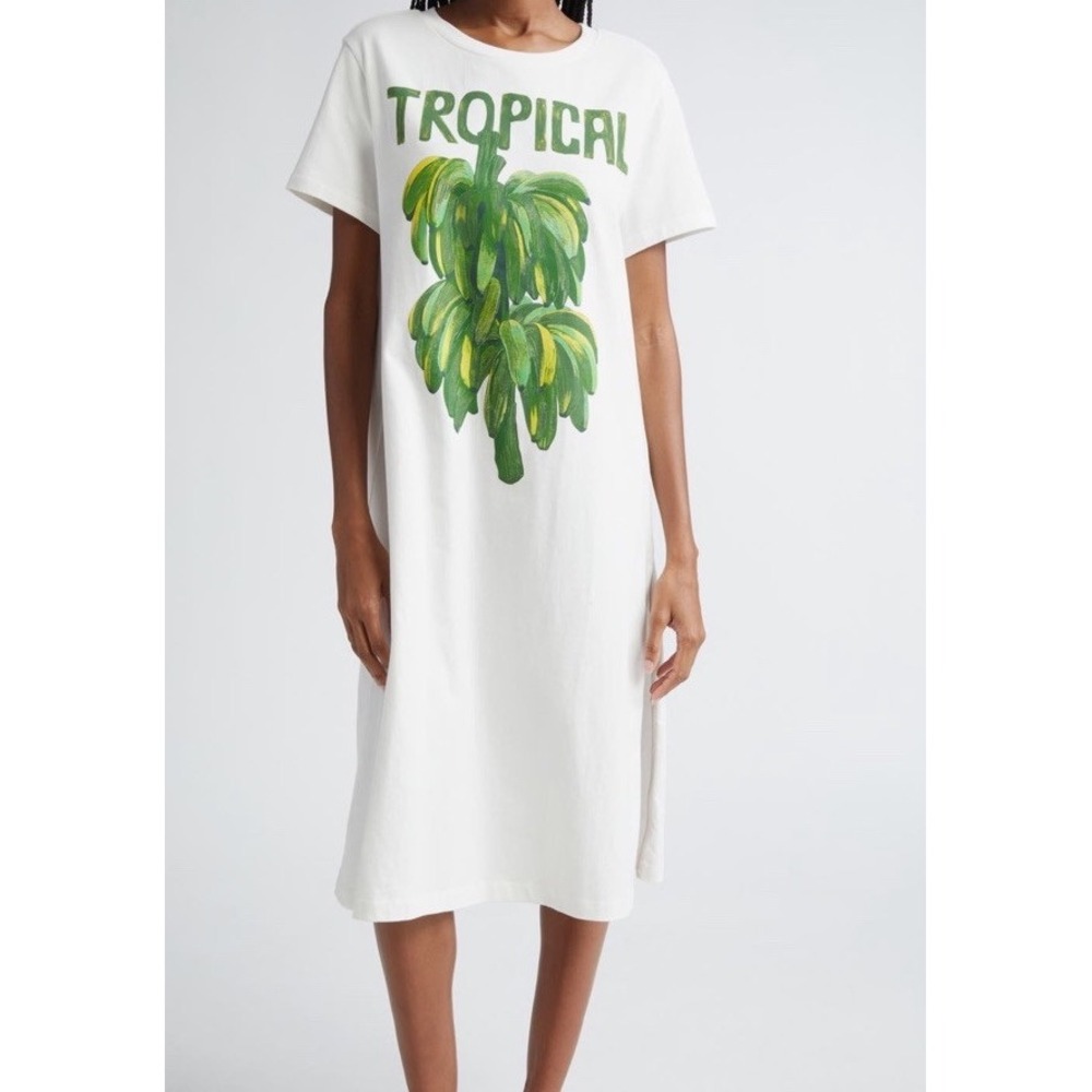 Farm Rio Tropical Bananas Graphic T-Shirt Midi Dress Off-White Small